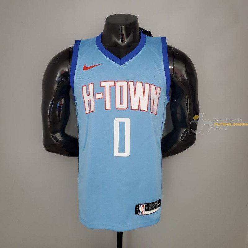 salchicha Cerveza comerciante Camiseta NBA Russell Westbrook de Houston Rockets Silk Version Blue  2021-2022