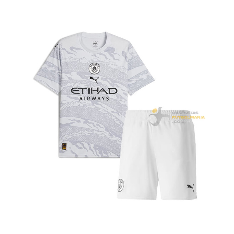 Camiseta y Pantalón Fútbol Niños Manchester City Edición Especial Año del Dragón Blanca 2024