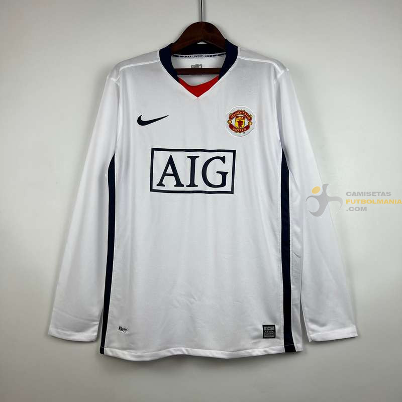 Camiseta Manchester United Blanca Retro Clásica Manga Larga 2007-2008