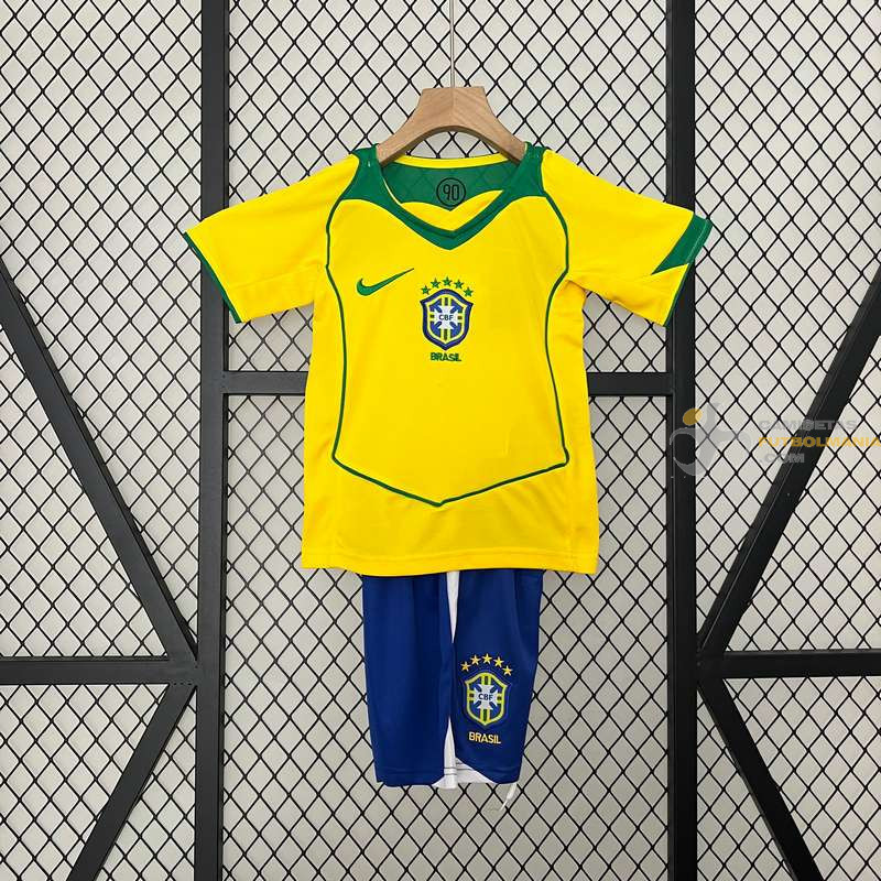 Camiseta y Pantalón Niños Brasil Primera Equipación Retro Clásica 2004