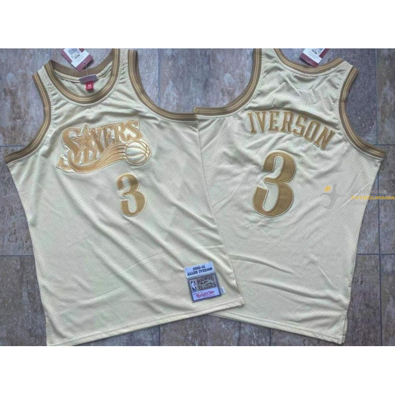 Camiseta NBA Allen Iverson 3 de los Philadelphia 76ers Retro Clásica Gold Edition 2000-2001