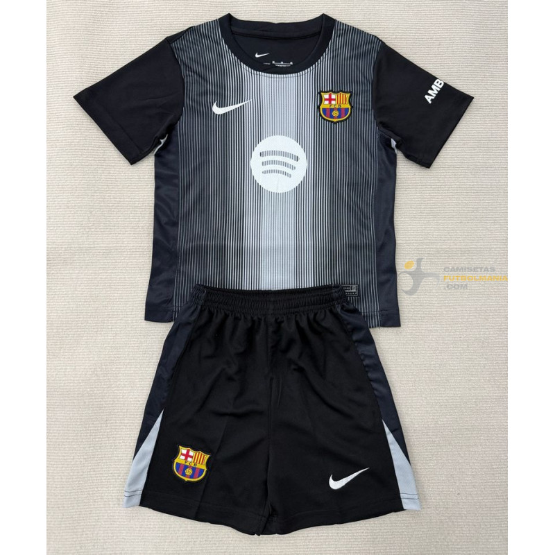 Camiseta y Pantalón Fútbol Niños Barcelona Portero Tercera Equipación Negra 2025-2026