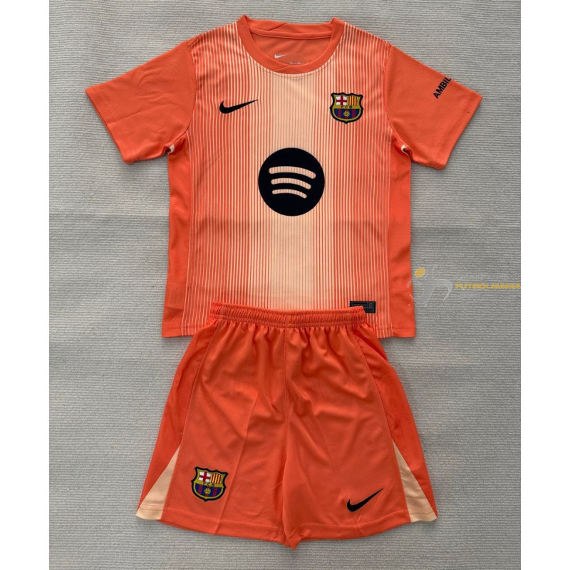 Camiseta y Pantalón Fútbol Niños Barcelona Portero Cuarta Equipación Naranja 2025-2026